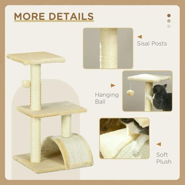 Cream cat tree with sisal posts, soft plush pads, and hanging ball