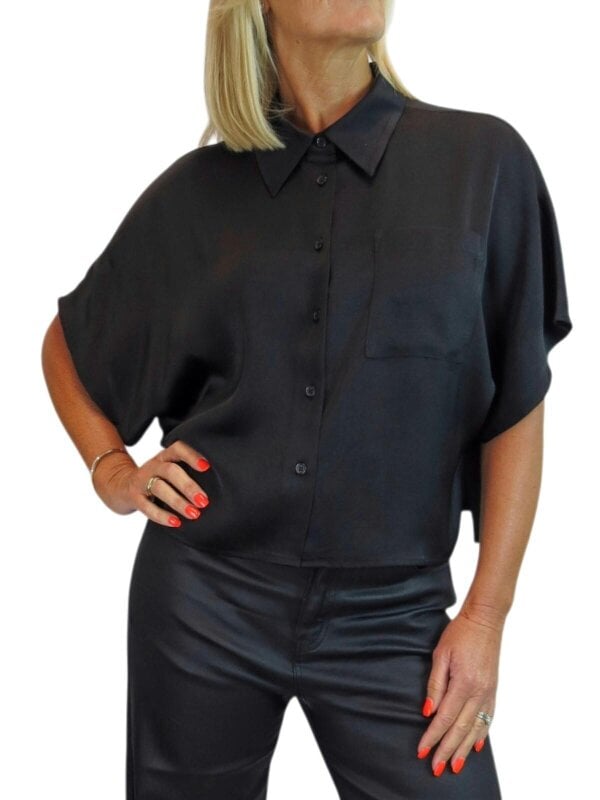 Paulo Due Women's Cropped Satin Shirt Short Sleeve Batwing Blouse
