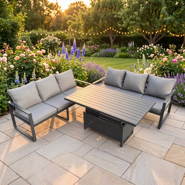 Fimous 6 Seater Aluminium Garden Furniture Set with Adjustable Rising Dining Table and 2 Sofas - Dark Grey