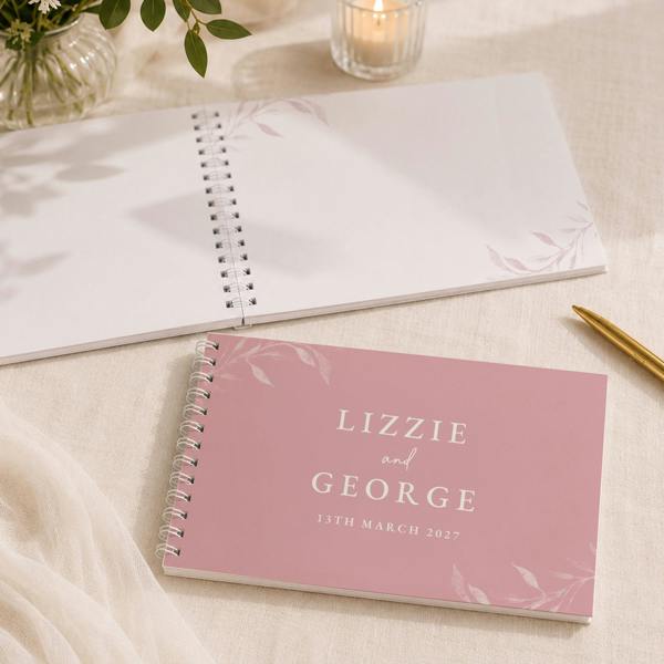 Personalised Botanical Soft Pink Wedding Guest Book shown open displaying blank pages with corner leaf details alongside closed cover by Abode Home & Gifts