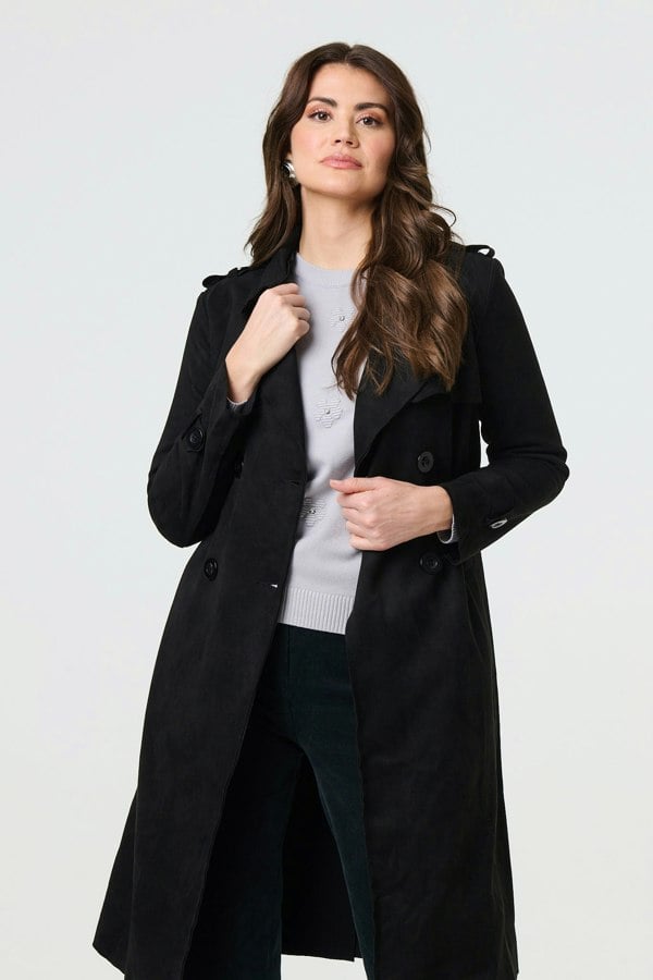 Black | Suede Tie Waist Button Front Trench Coat

