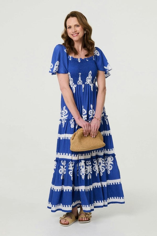 Blue | Ikat Print Short Angel Sleeve Maxi Dress : Model is 5'9"/175 cm and wears UK10/EU38/US6/AUS10
