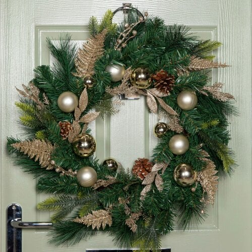 Samuel Alexander 60cm Hanging Christmas Wreath with Gold Baubles, Pinecones & Glitter Berries