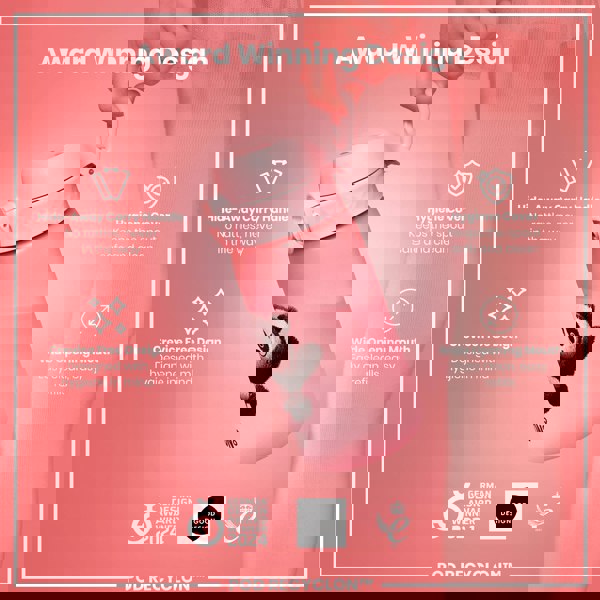 A pink water bottle with a panda design is being held. Features include a hide-away handle, hygiene cover, and wide mouth. Awards include the German Design Award 2024 and Good Design. POD RECYCLON™ is also shown.