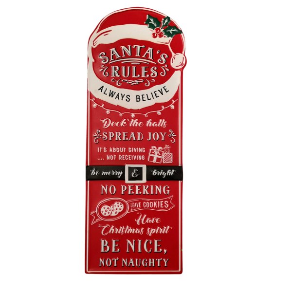 Samuel Alexander 68cm Indoor Outdoor Red Metal Santa's Rules Sign Hanging Christmas Decoration