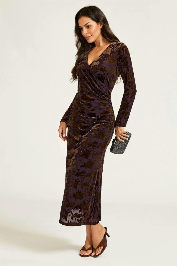 FS Collection Floral Velvet Devore Long Sleeve Wrap Midi Dress In Brown