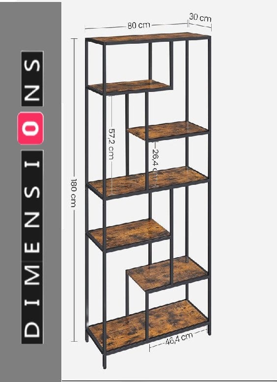 Modcraft Rustic 6-Tier Geometric Bookcase – Industrial Display Shelf for Living Room, Study, Kitchen