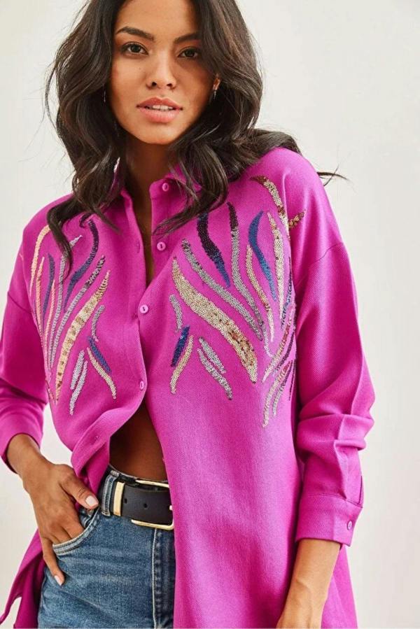 Hoxton Gal Sequin-Embellished Wool-Effect Oversized Winter Shirt