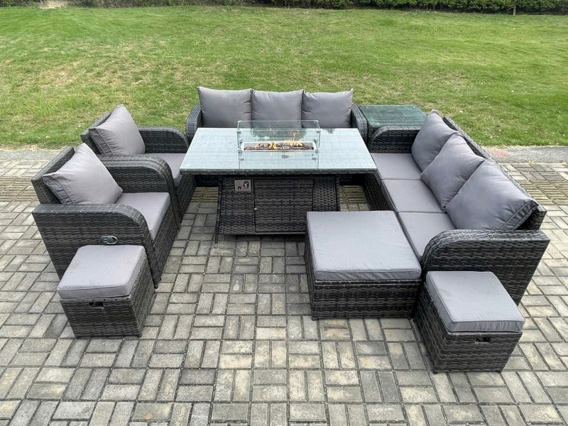 Fimous Rattan Outdoor Garden Furniture Set with Gas Fire Pit Dining Table, Side Table, 2 Chairs, 2 Sofas, 3 Footstools - 11 Seater - Dark Grey