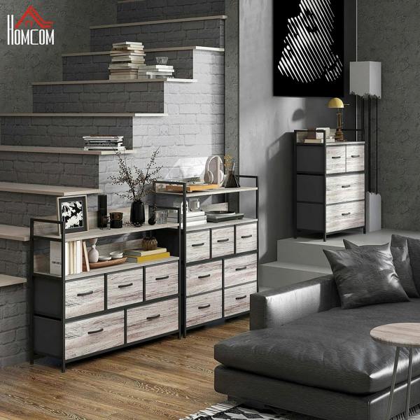 Grey wood-effect storage chest with five fabric drawers and black steel frame