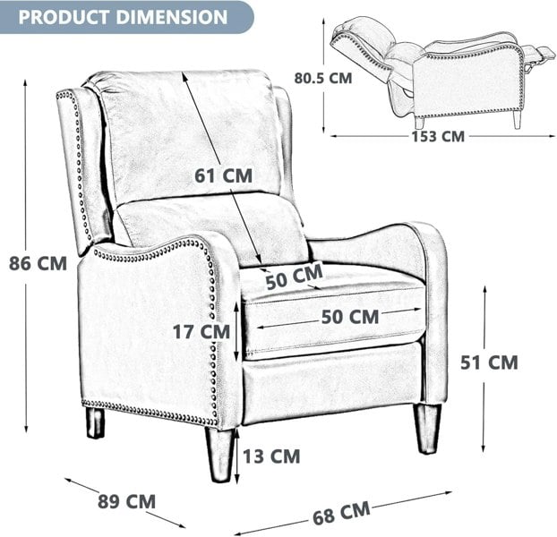 Furniture One Recliner Armchair, Upholstered Push Back Recliner Armchair Padded Seat PU Leather Sofa Lounge with Adjustable Backrest and Footrest