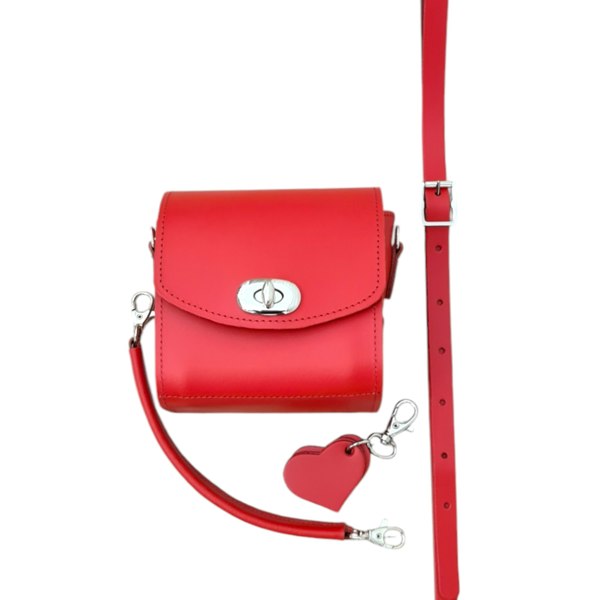 Zatchels Bauble Handmade Leather Handbag - with Love Hearts Charm - Pillar Box Red