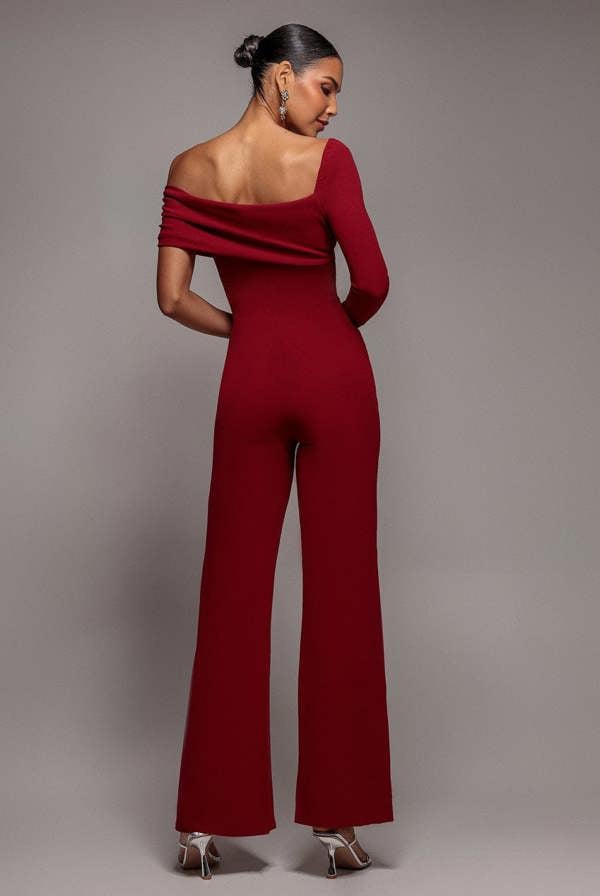 One Shoulder Scuba Jumpsuit - Wine TR375