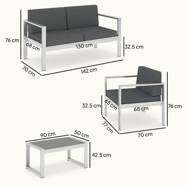 4 Seater Garden Furniture Set, Extra Wide Deep Garden Sofa Set with Olefin Cushions, Brushed Aluminium Frame, Dark Grey