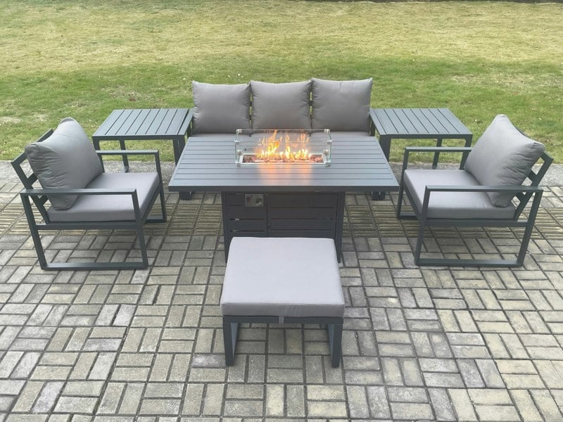 Fimous 6-Seater Aluminium Outdoor Gas Fire Pit Dining Set | 2 Armchairs, 2 Side Tables, Footstool | Dark Grey