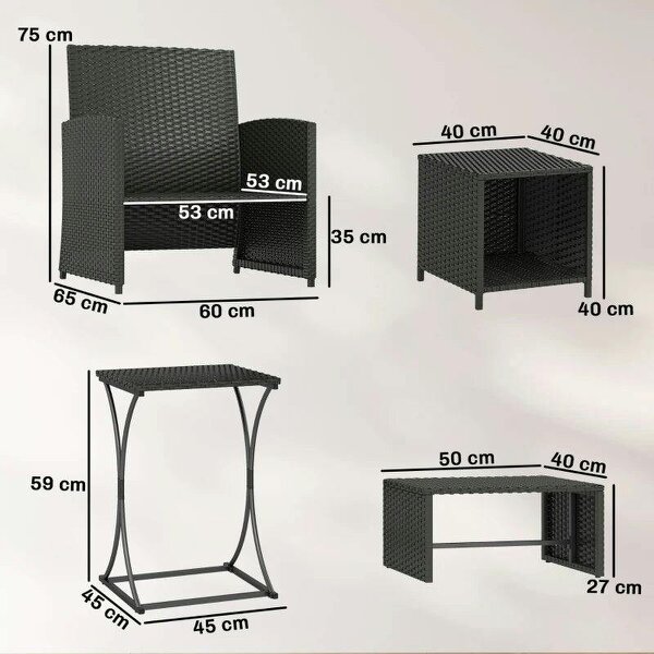 6 Piece Rattan Garden Furniture, Space-Saving Patio Furniture Set with Nesting Tables, Chairs, Stools, Cushions, Black