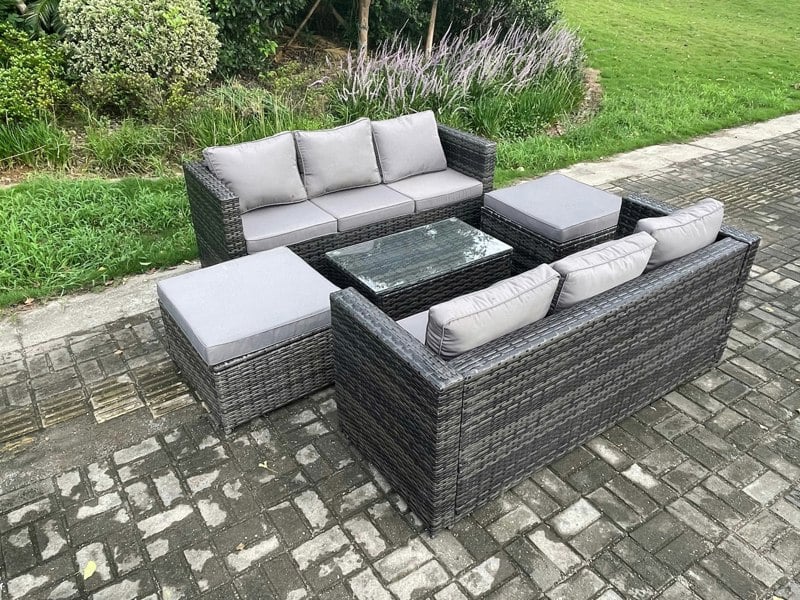 Fimous Rattan Garden Furniture Set Indoor Outdoor Patio Sofa Set with Oblong Coffee Table 2 Big Footstool 8 Seater Dark Grey Mixed