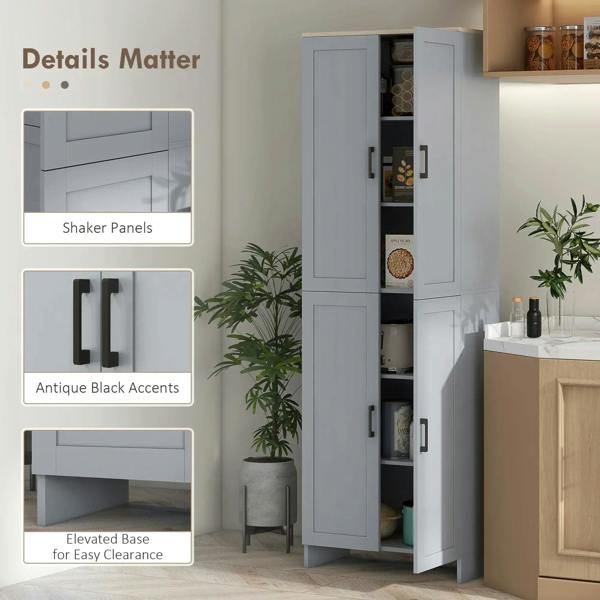 Grey shaker-style kitchen cupboard with black accents, open doors, and interior shelves