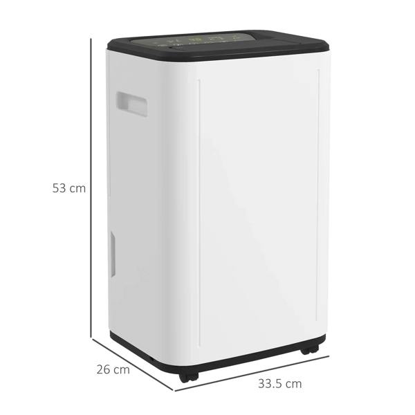 White portable dehumidifier with black top and caster feet, front view