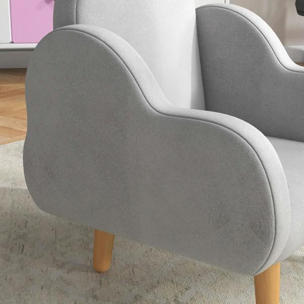 Grey cloud-shaped kids armchair with armrests and light wood legs
