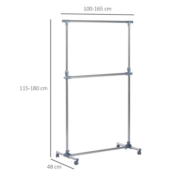 Adjustable height garment rack with wheels, grey frame with size indicators
