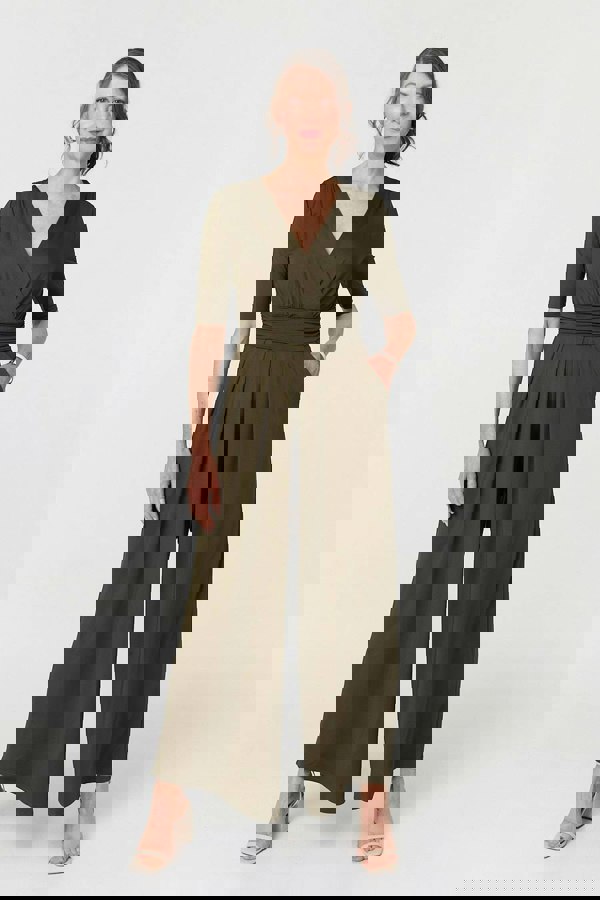 Khaki | 1/2 Sleeve Wrap Waist Wide Leg Jumpsuit
