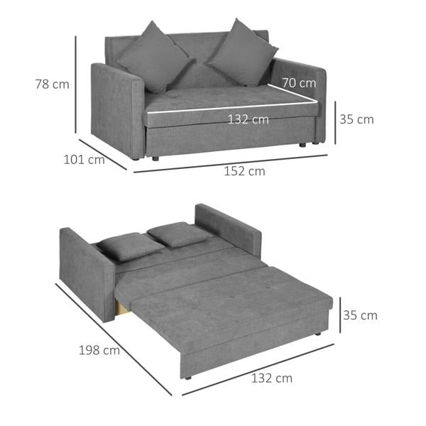 Light grey two-seater sofa bed with storage, dimensions diagram for sofa and bed