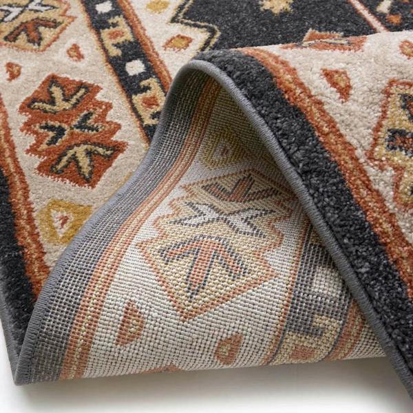 Close-up of a patterned rug with a focus on the texture and design.
