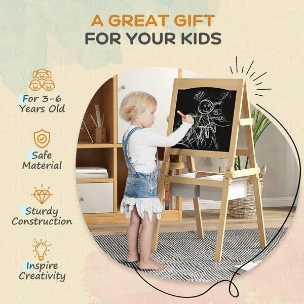 Kids wooden art easel with chalkboard panel and paper-roll whiteboard
