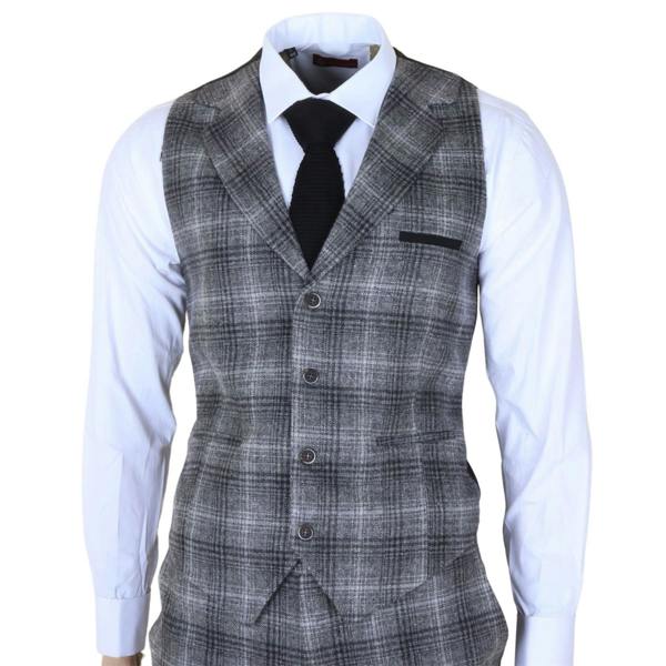 Infinity Leather Men's Formal Grey Tweed  3 Piece Check Vintage Gatsby Style Suit