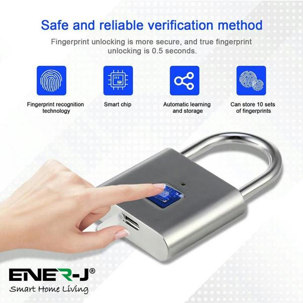 ENER-J Smart Fingerprint Padlock, USB Rechargeable Biometric Lock, 10 User Access, 9,000 Unlocks, Gym, Lockers, Bikes & Travel, Black