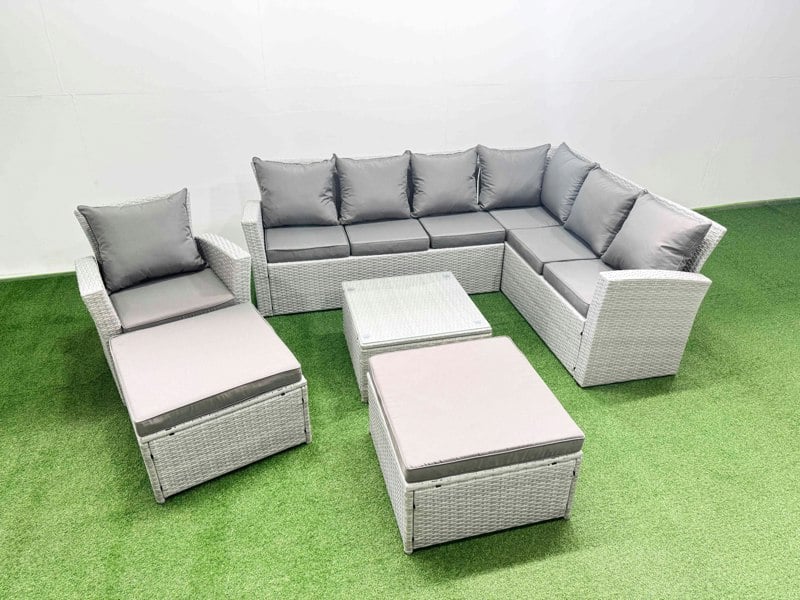 Fimous Rattan Garden Outdoor Furniture Set 9 Seater Rattan Garden Sofa Set with Armchair 2 Big Footstools Light Grey Mixed