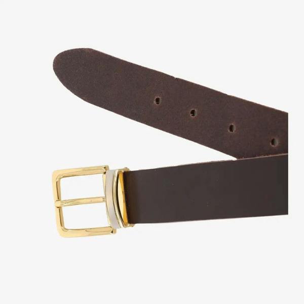 Top angle view of Brown leather belt with a gold buckle on a white background