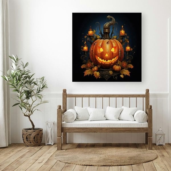 Warren Reed Spooy Pumpkin With Leaves And Small Candles Canvas