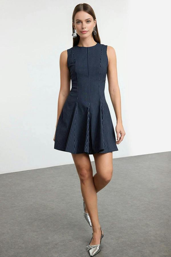 WOVCOR Striped Crew Neck Mini Woven Dress