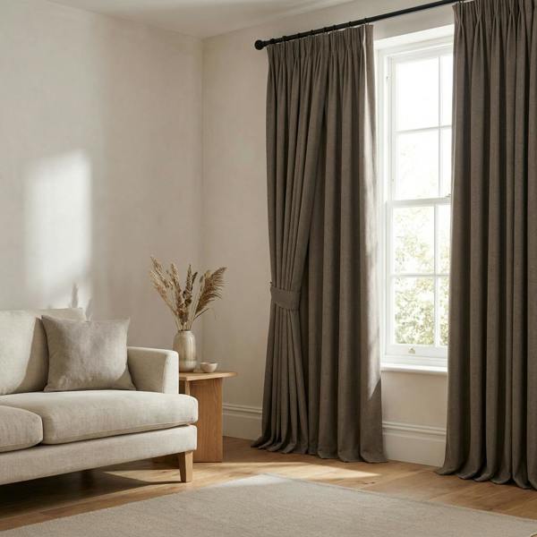 Devonshire made-to-measure curtains in Mushroom, styled in a living room