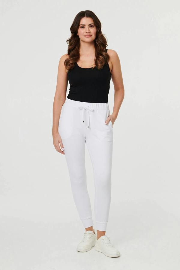 White | Adjustable Drawstring Waist Slim Joggers : Model is 5'9"/175 cm and wears UK10/EU38/US6/AUS10