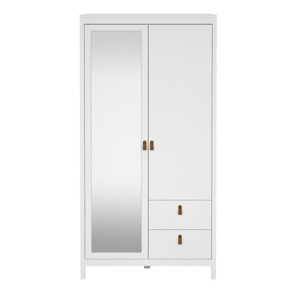 Wyld Haus Wildberry Matt White Wooden Mirror Wardrobe 2 Doors 2 Drawers Leather Handles