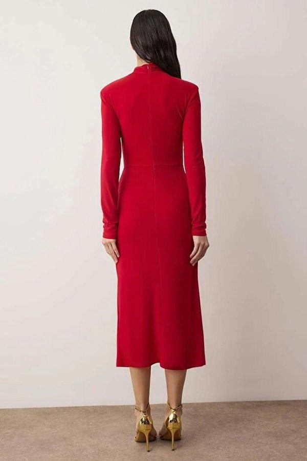 WOVCOR Knitted Midi Unlined Evening Dress with Cut Out Accessory Details