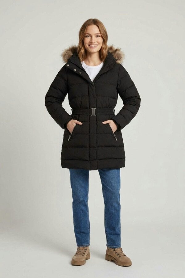 Izabel London Faux Fur Trim Thigh Length Puffer Jacket