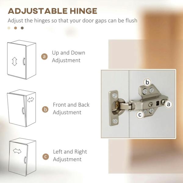 Adjustable cabinet door hinge diagram showing up/down, front/back, and left/right adjustment