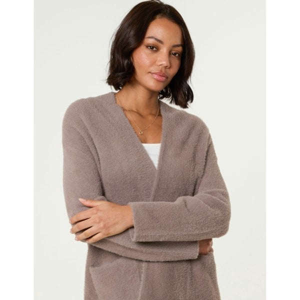 Blue Vanilla Fluffy Fleece Open Midi Cardigan - Light Brown