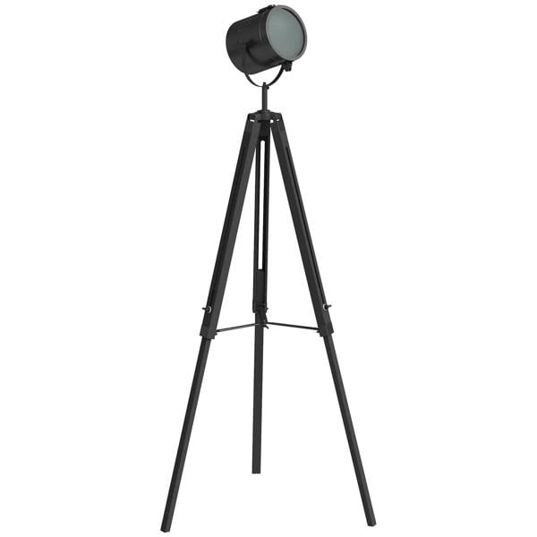 Black tripod floor lamp with adjustable searchlight-style spotlight head and stand