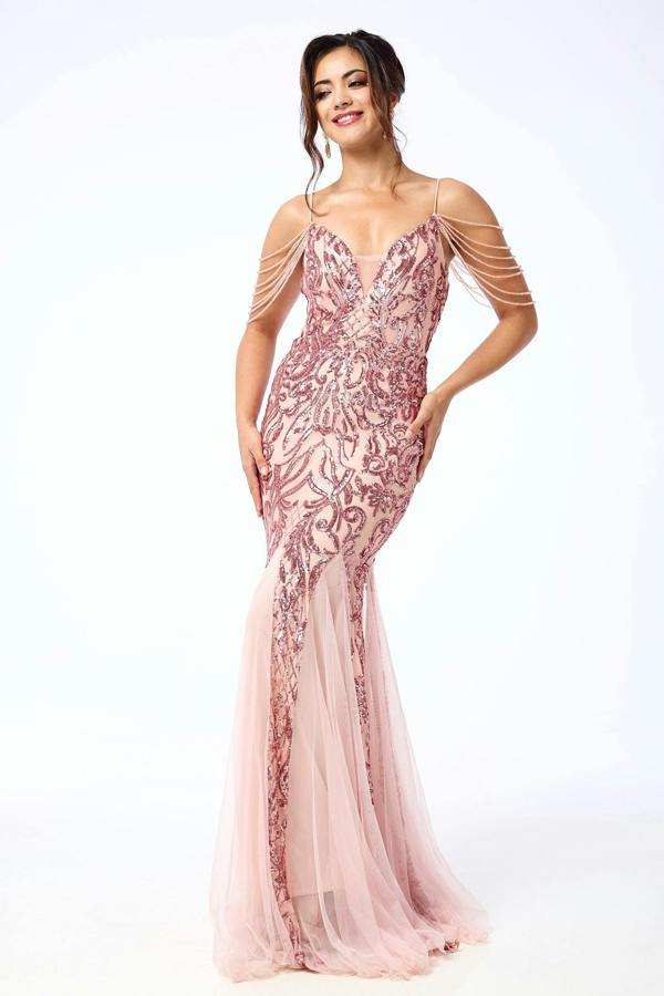 LuvForever Enora - Pink Jewelled Shoulder Sequin Maxi Dress