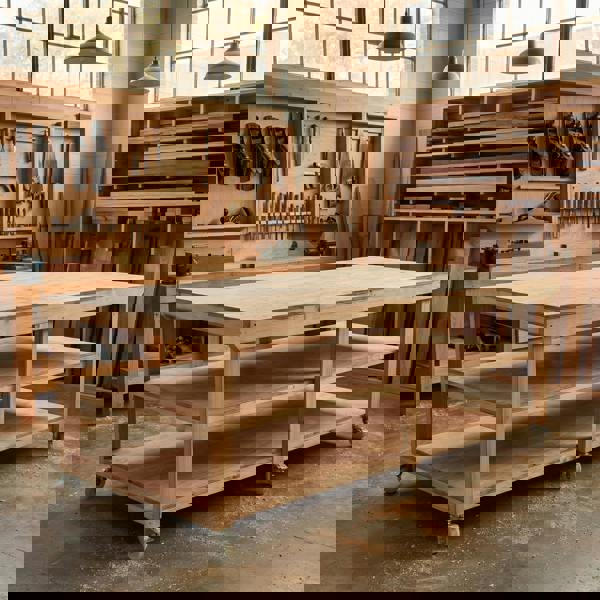 Arbor Garden Solutions Wooden Workbench Eucalyptus Hardwood Top Depth-4ft Double Shelf and Wheels