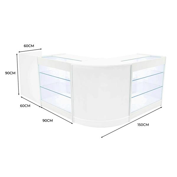 Curved white LED shop counter set with glass shelves, measuring 150cm wide, 90cm high, and 60cm deep, ideal for retail displays