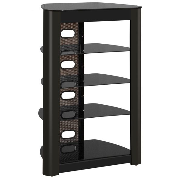 Centurion Supports Zinnia 5-Shelf Black Glass with Gloss Black Fascia Flat Screen TV/Hi-Fi/AV Rack Glass Stand