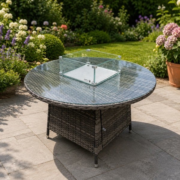 Fimous Rattan Round Outdoor Gas Fire Pit Dining Table Gas Heater - Mixed Grey