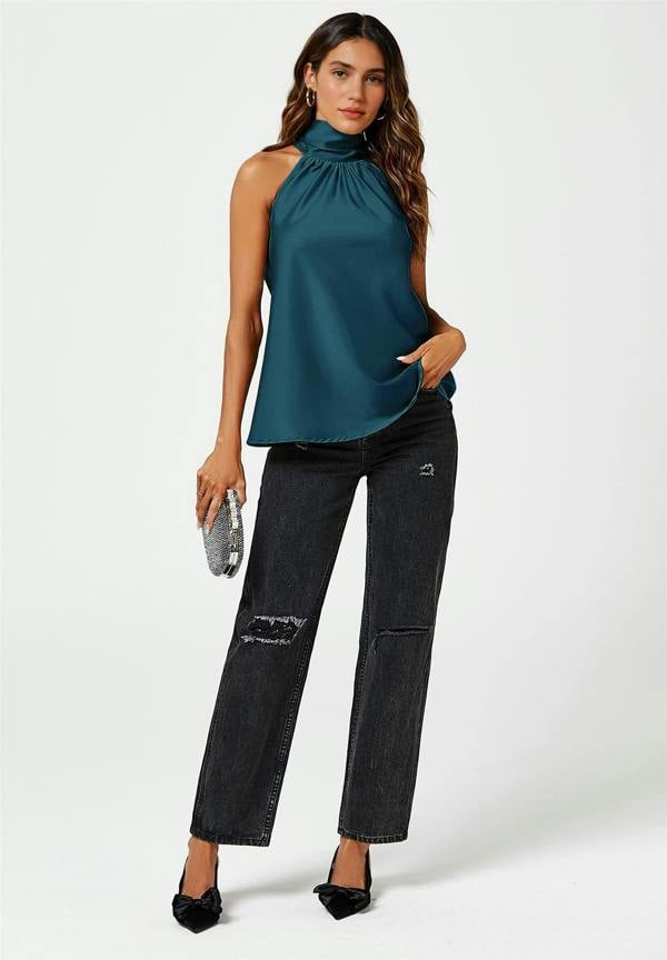 FS Collection Satin Halter Neck Tie Back Top In Teal