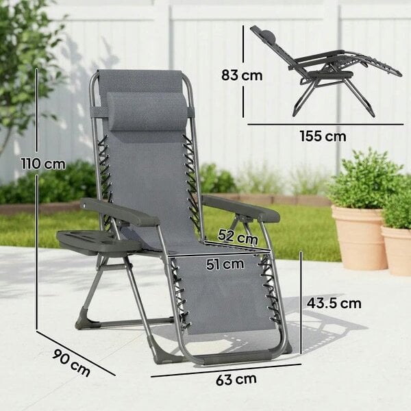 Bobobiy Zero Gravity Chairs Set of 2, Folding Sunloungers Reclining Garden Chairs with Cup Holder, Headrest, Dark Grey